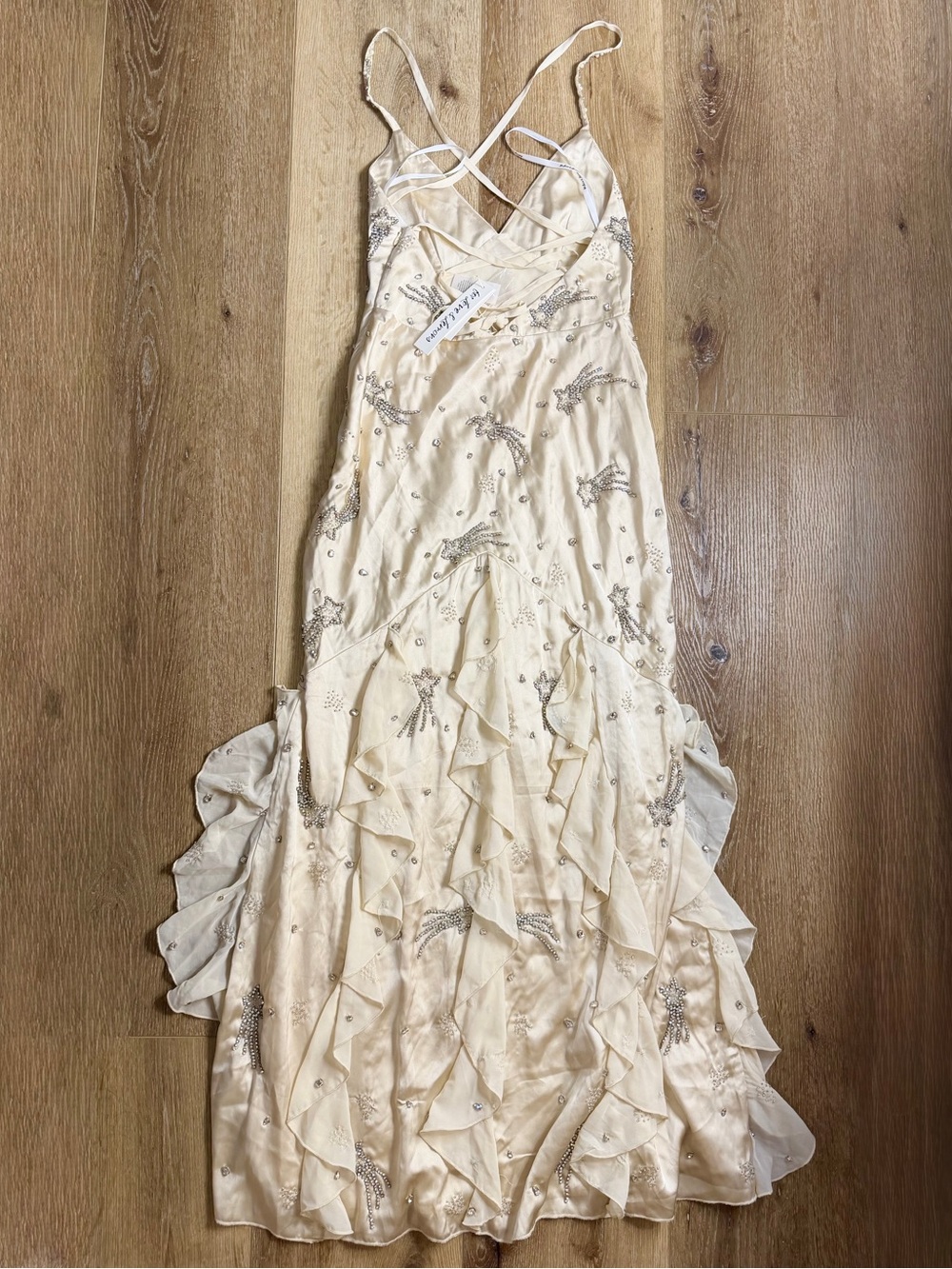 For Love & Lemons Elea Shooting Star Cream Beaded Ruffle Maxi Dress Size Small - Picture 12 of 14